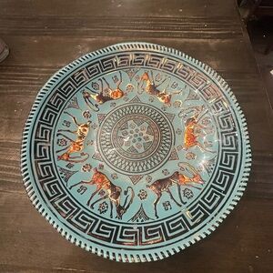 Vintage Turquoise Blue Glass Serving Bowl with Animal Motif by AKCAM Fabrique